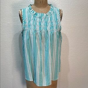 Lilypad Women's Medium Striped Teal White Ruched Ruffle‎ Sleeveless Top NWT